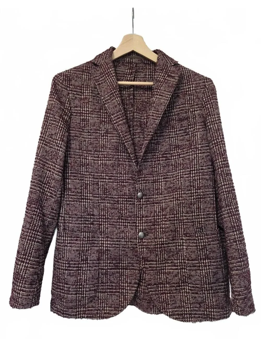Eleventy Textured Plaid Blazer Prince of Wales Unlined size 50R Burgundy Maroon